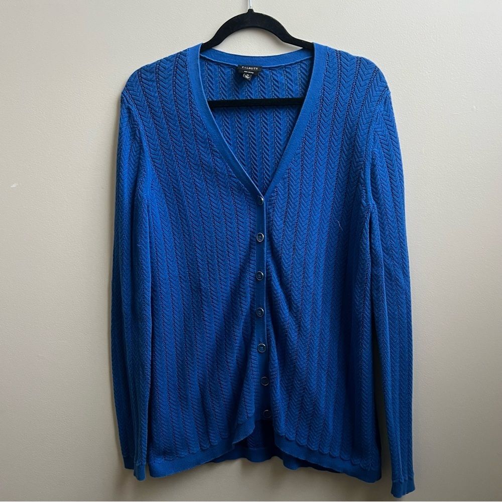 Talbots cotton Sapphire Blue Button Up open weave Cardigan Size M